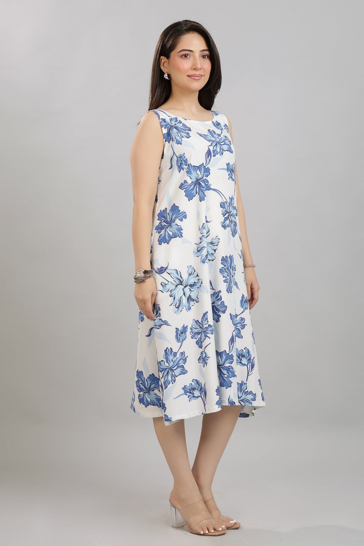 Coastal Blue Rayon Printed Flare Dress [100% pure rayon] -Cotton midi dress