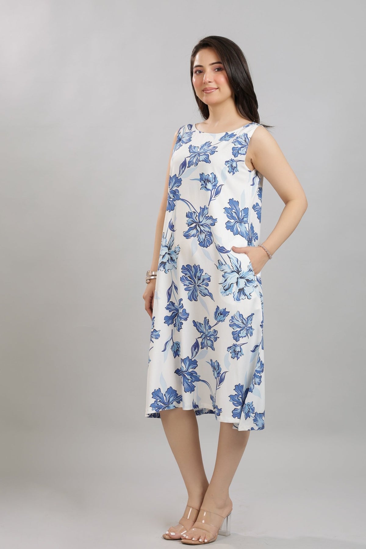 Coastal Blue Rayon Printed Flare Dress [100% pure rayon] -Cotton midi dress