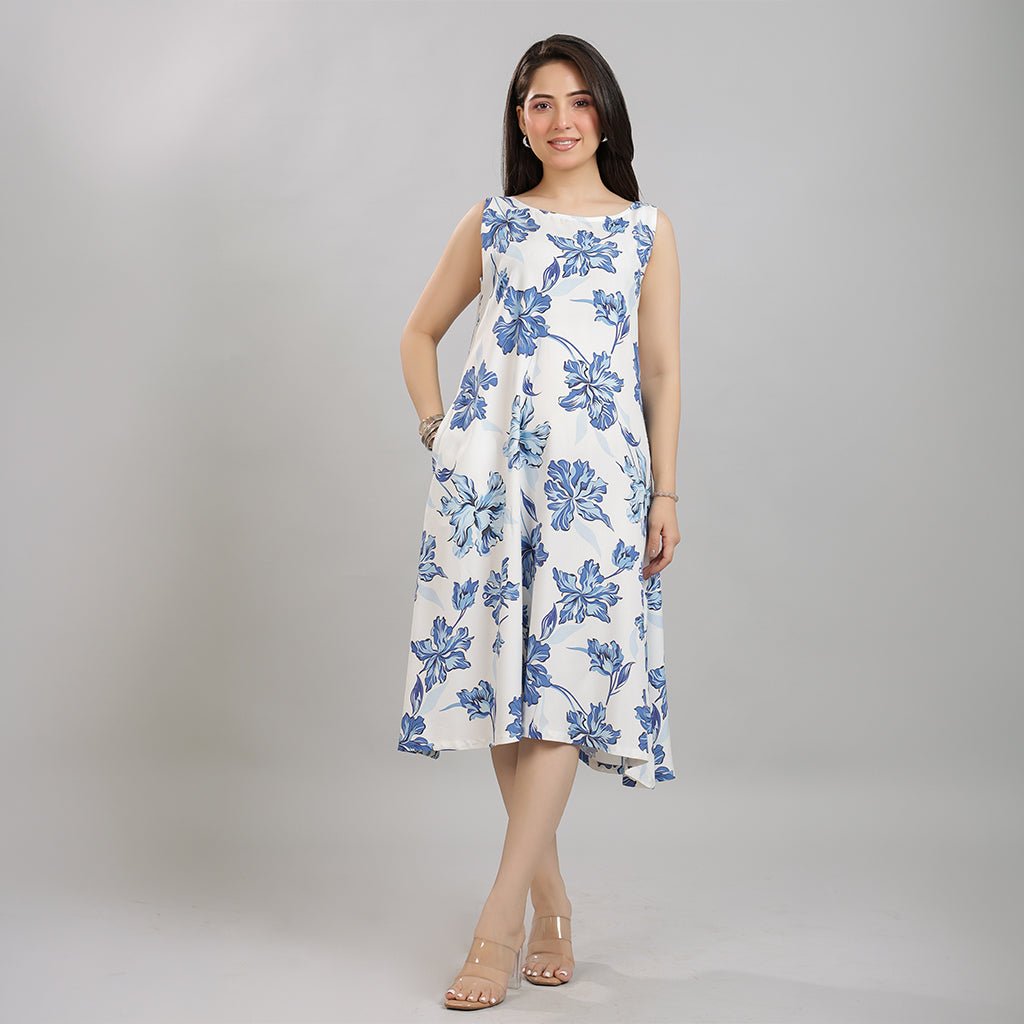 Coastal Blue Rayon Printed Flare Dress [100% pure rayon] -Cotton midi dress