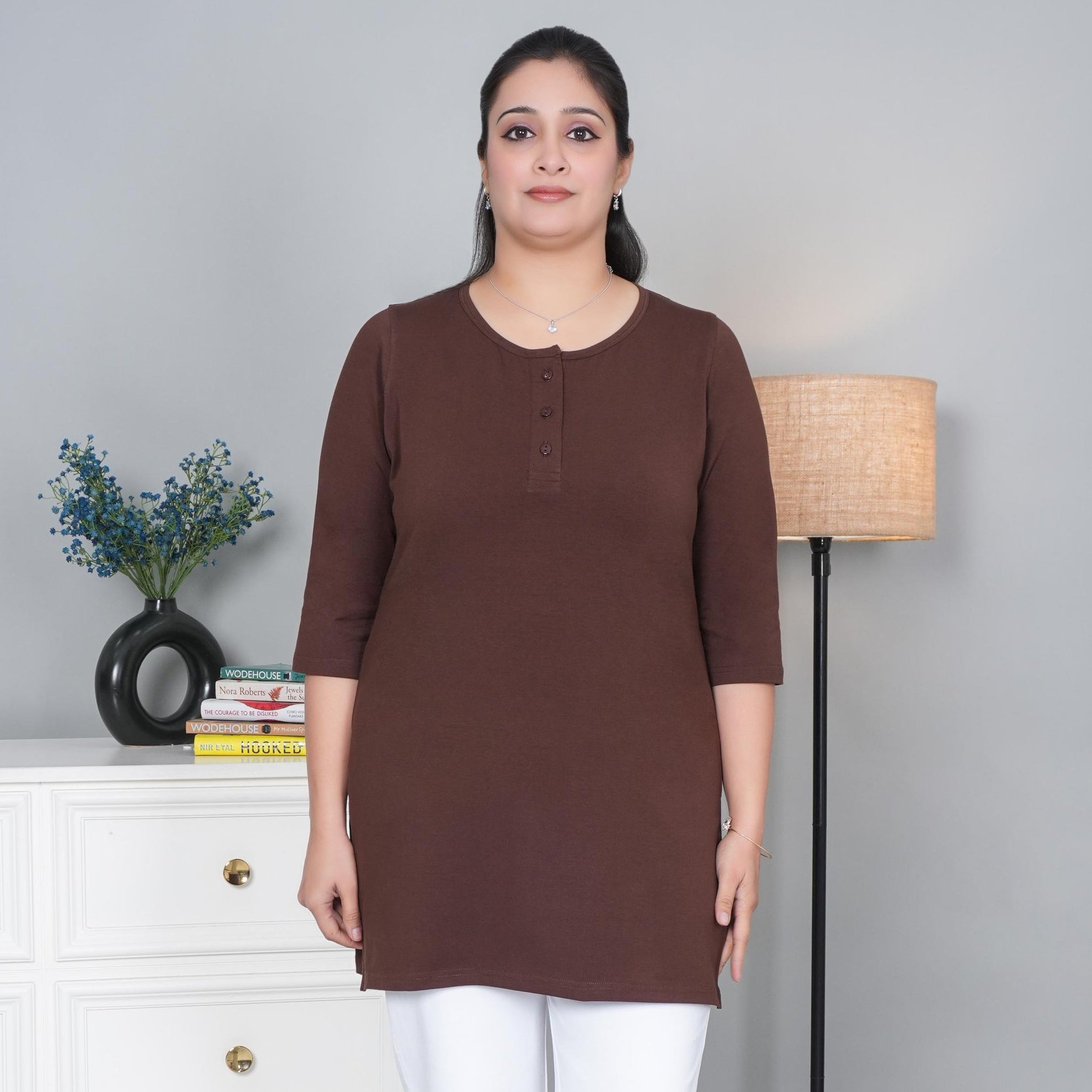 Coffe long round neck henley cotton lycra t-shirt with pockets - Long cotton t-shirt