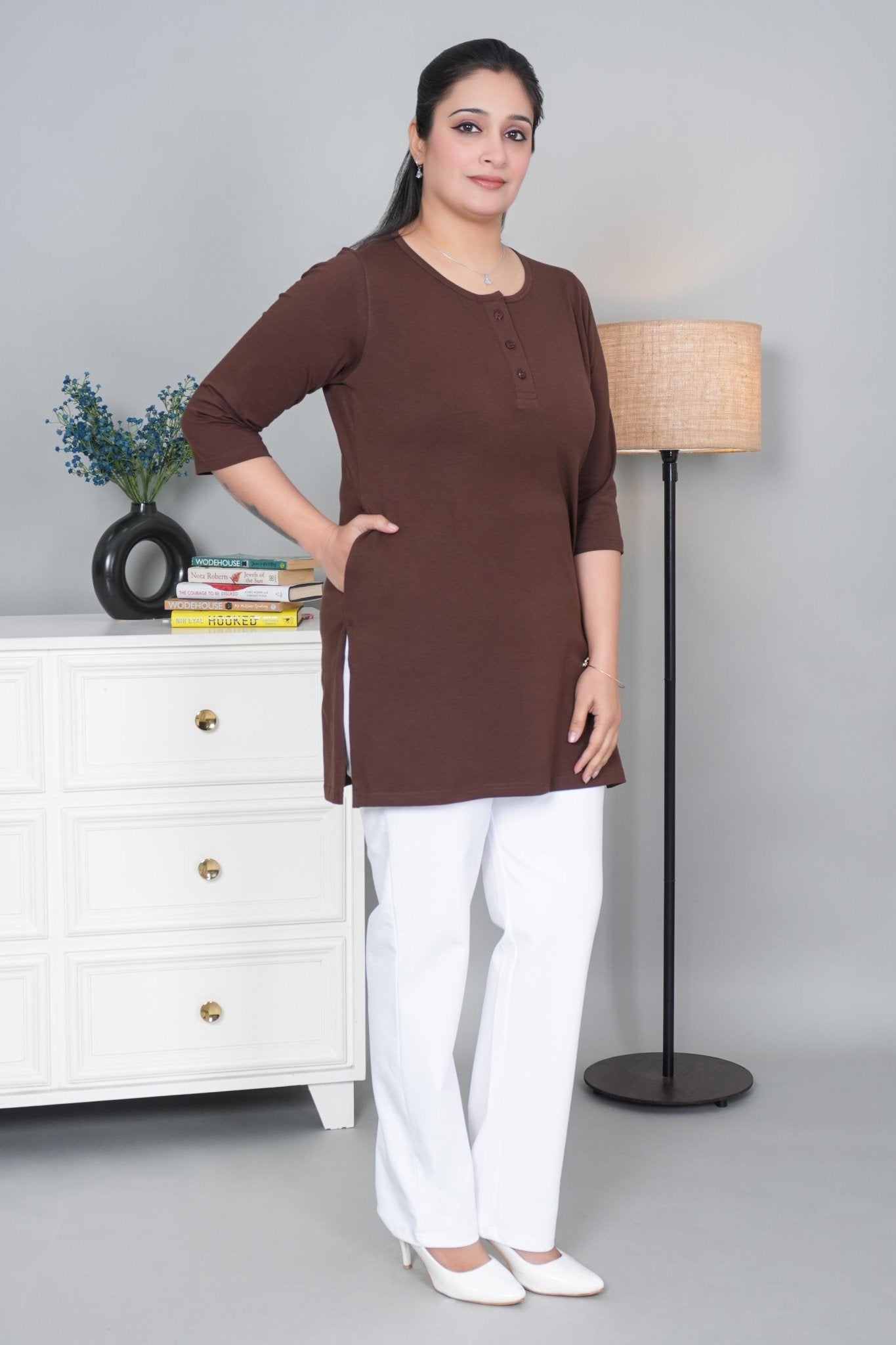 Coffe long round neck henley cotton lycra t-shirt with pockets - Long cotton t-shirt