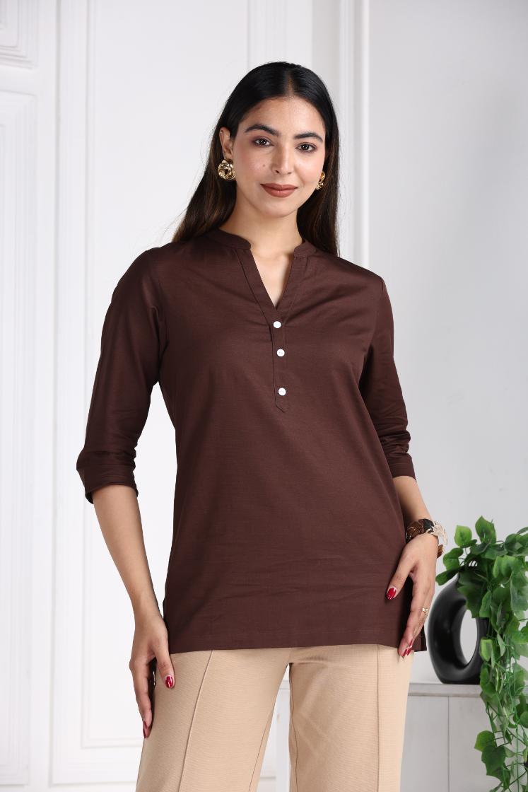 Coffee Bean Cotton Linen Short Kurti - Short kurta