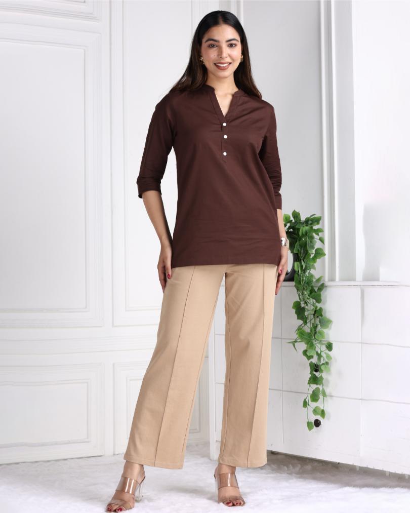 Coffee Bean Cotton Linen Short Kurti - Short kurta