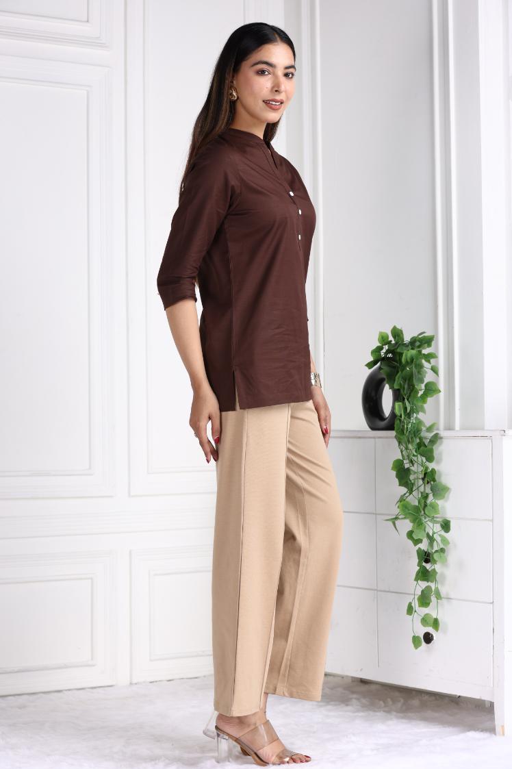 Coffee Bean Cotton Linen Short Kurti - Short kurta