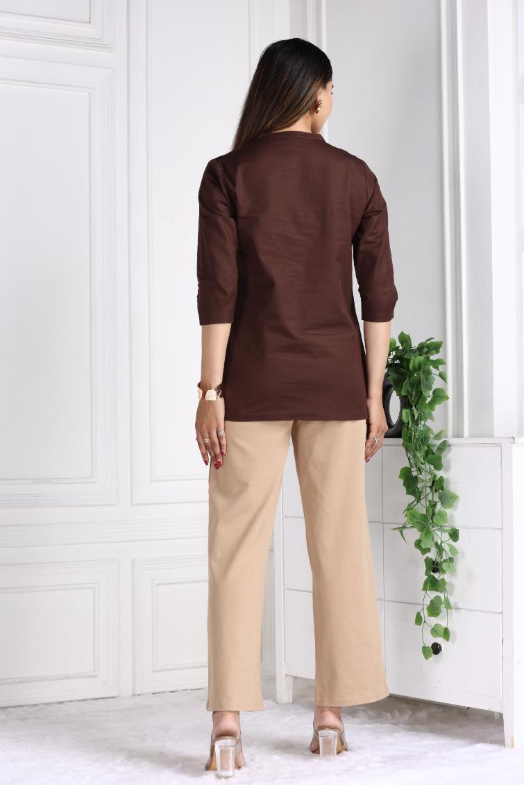 Coffee Bean Cotton Linen Short Kurti - Short kurta