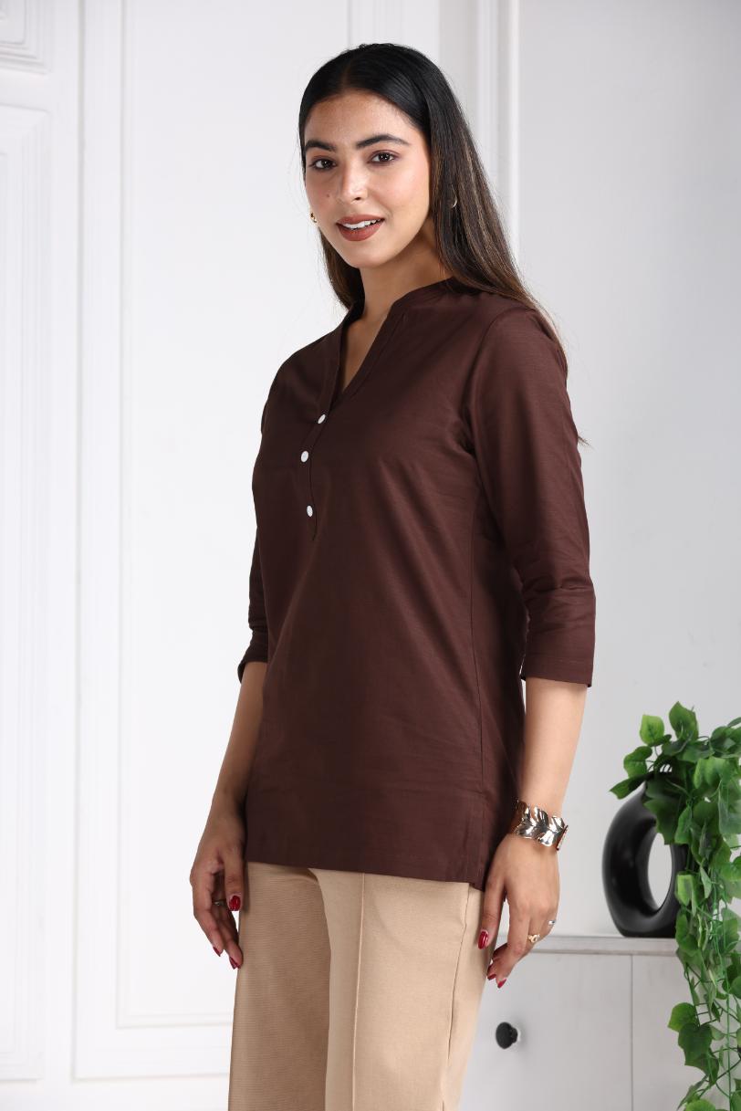 Coffee Bean Cotton Linen Short Kurti - Short kurta