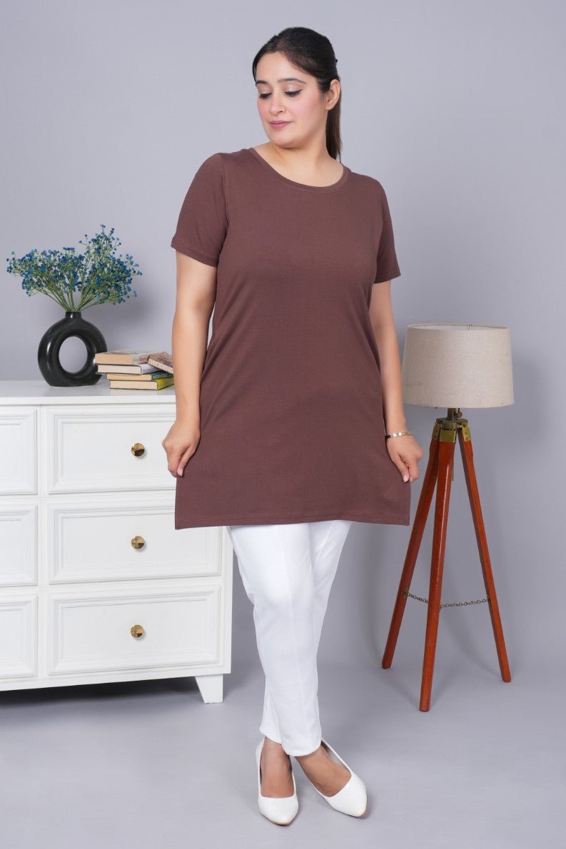 Coffee bean long round neck cotton t-shirt with pockets - Long cotton t-shirt