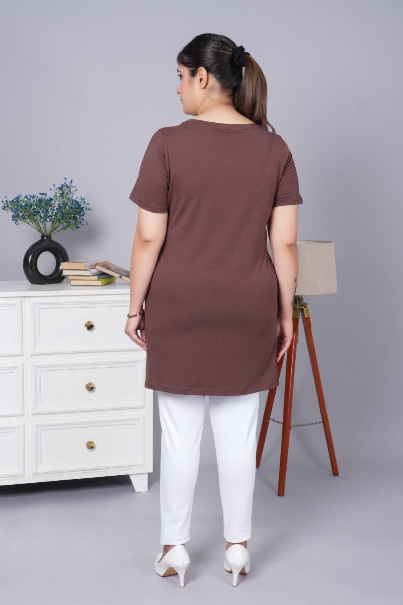 Coffee bean long round neck cotton t-shirt with pockets - Long cotton t-shirt