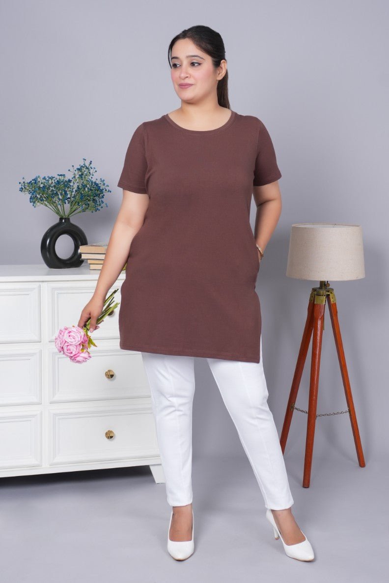 Coffee bean long round neck cotton t-shirt with pockets - Long cotton t-shirt