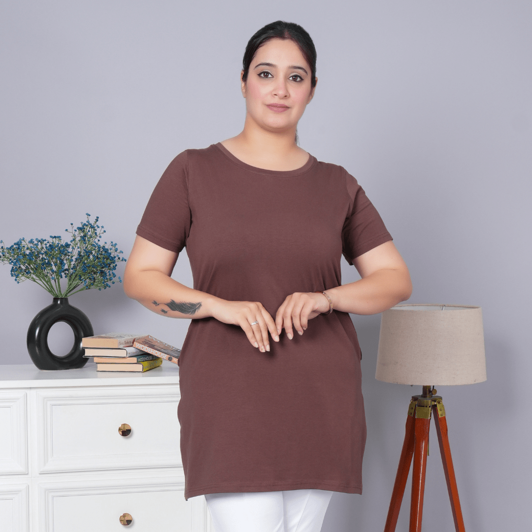 Coffee bean long round neck cotton t-shirt with pockets - Long cotton t-shirt