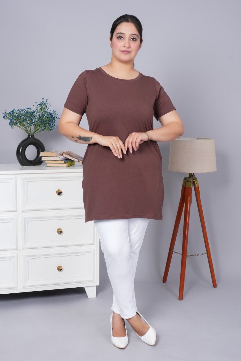 Coffee bean long round neck cotton t-shirt with pockets - Long cotton t-shirt