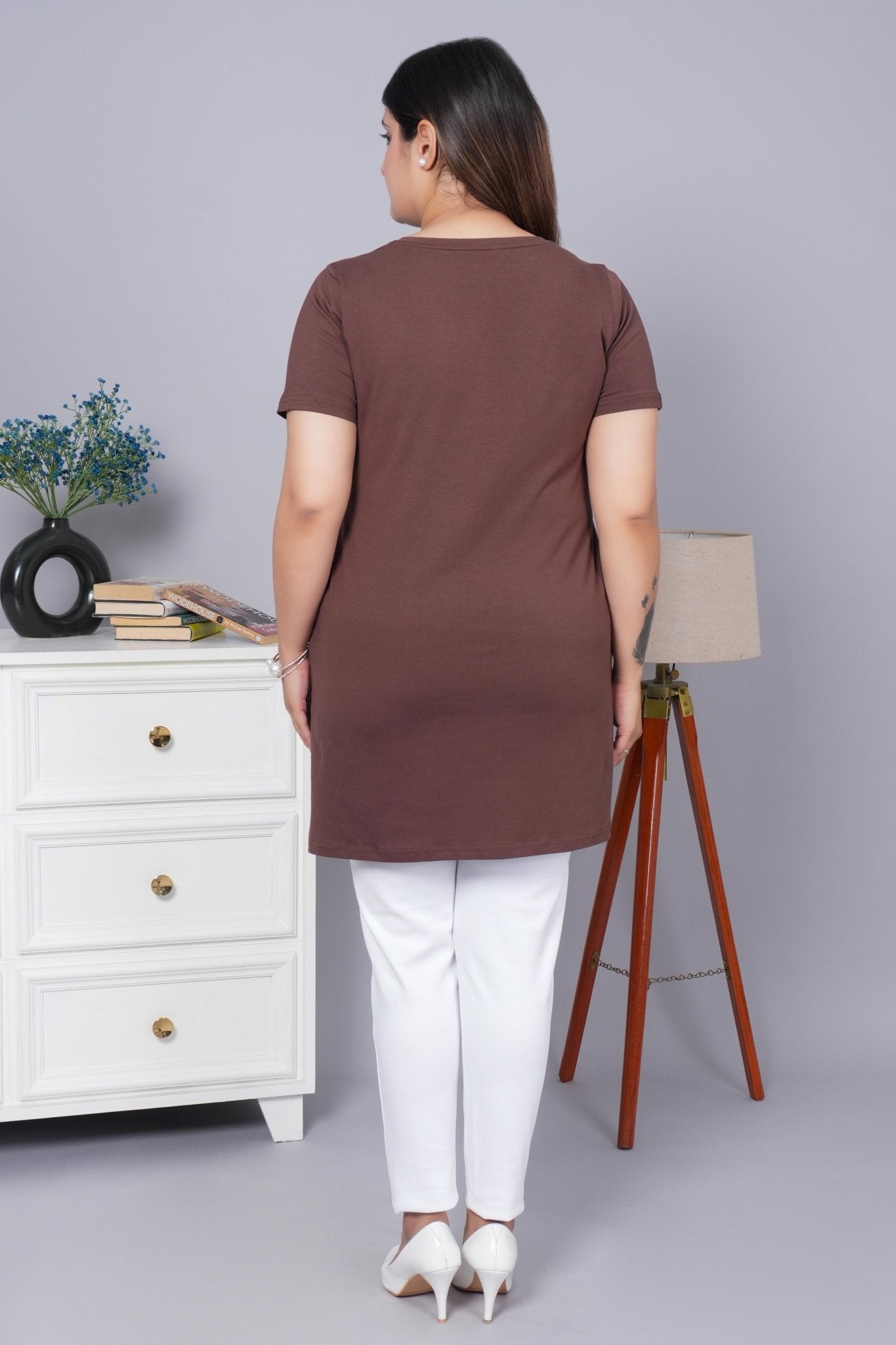 Coffee bean long v neck cotton lycra t-shirt with pockets - Long cotton t-shirt