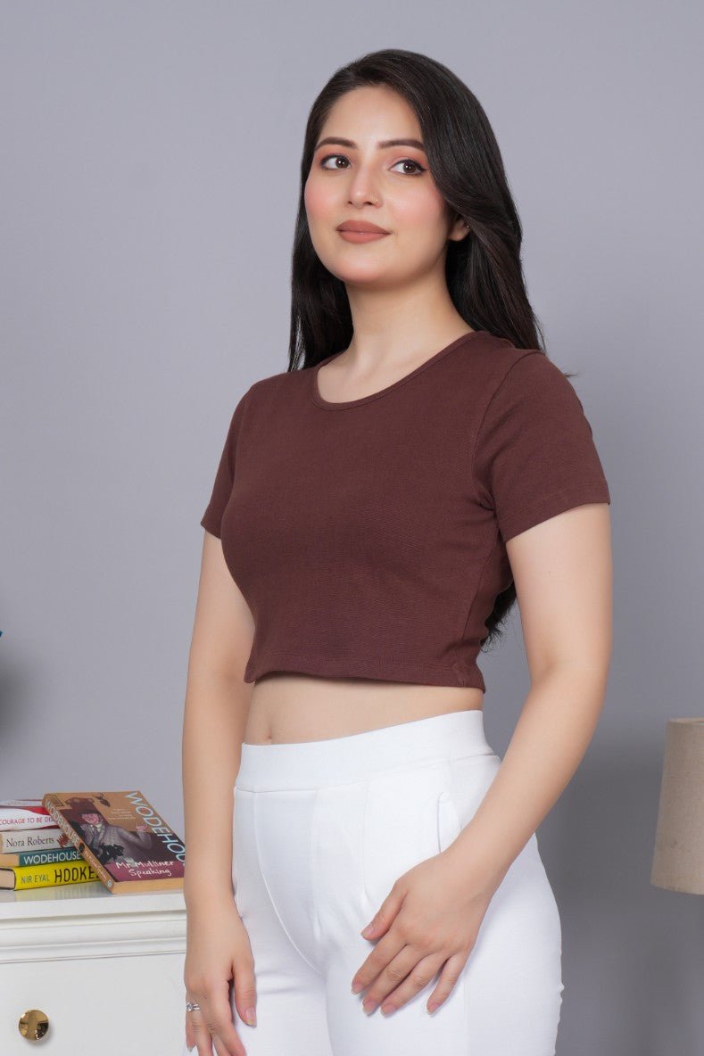 Coffee Bean Rib Crop T Shirt [ 100% USA HQ Cotton, 280 GSM non transparent fabric ] - Rib crop t shirt