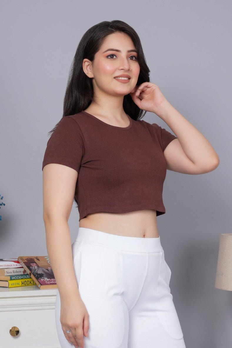 Coffee Bean Rib Crop T Shirt [ 100% USA HQ Cotton, 280 GSM non transparent fabric ] - Rib crop t shirt
