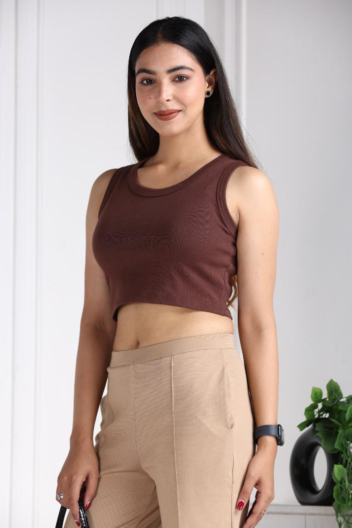 Coffee Bean Rib Crop Vest [ 100% USA HQ Cotton, 280 GSM non transparent fabric ] - Rib crop vest
