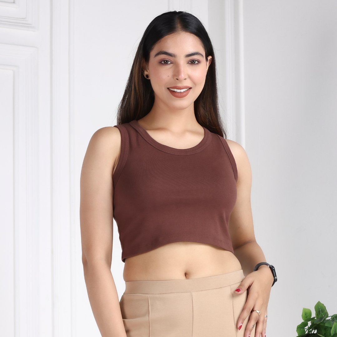 Coffee Bean Rib Crop Vest [ 100% USA HQ Cotton, 280 GSM non transparent fabric ] - Rib crop vest