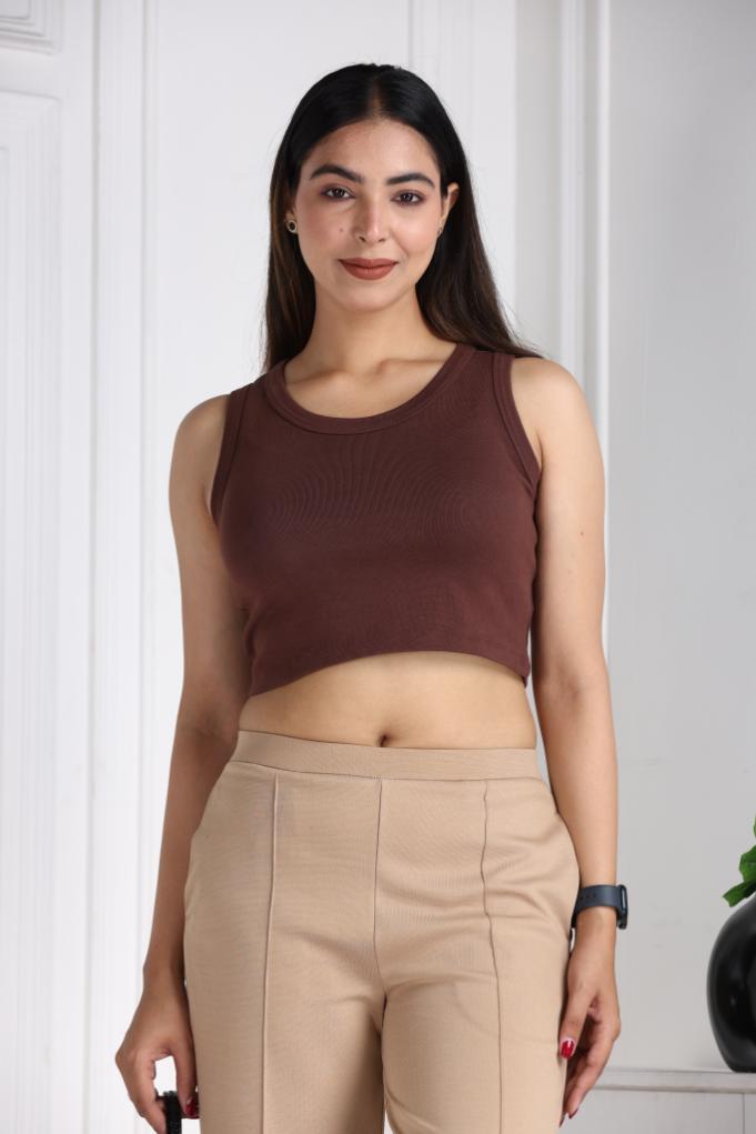 Coffee Bean Rib Crop Vest [ 100% USA HQ Cotton, 280 GSM non transparent fabric ] - Rib crop vest