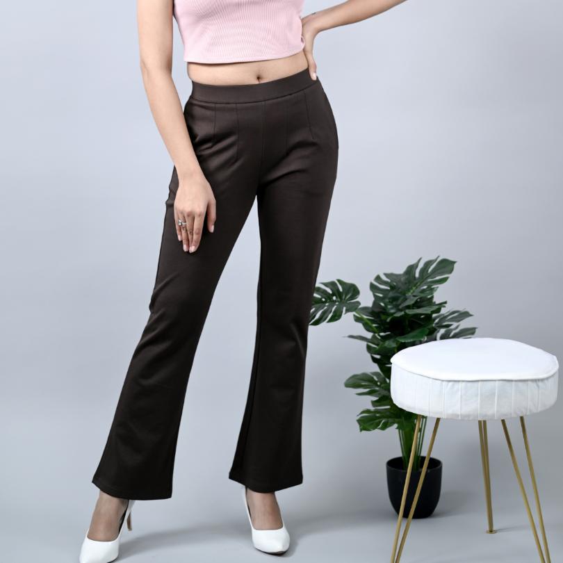 Coffee bean stretchable biowash cotton bootcut flare pants with superior elastic belt. - Milano bootcut flare pants