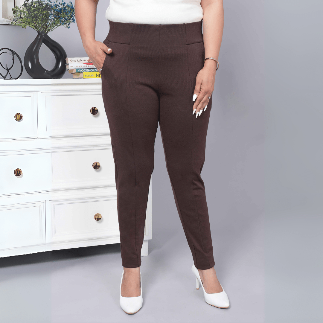 Coffee bean stretchable biowash USA HQ cotton premium jegging pant with pockets & superior elastic belt - Milano jegging pants with pcoket