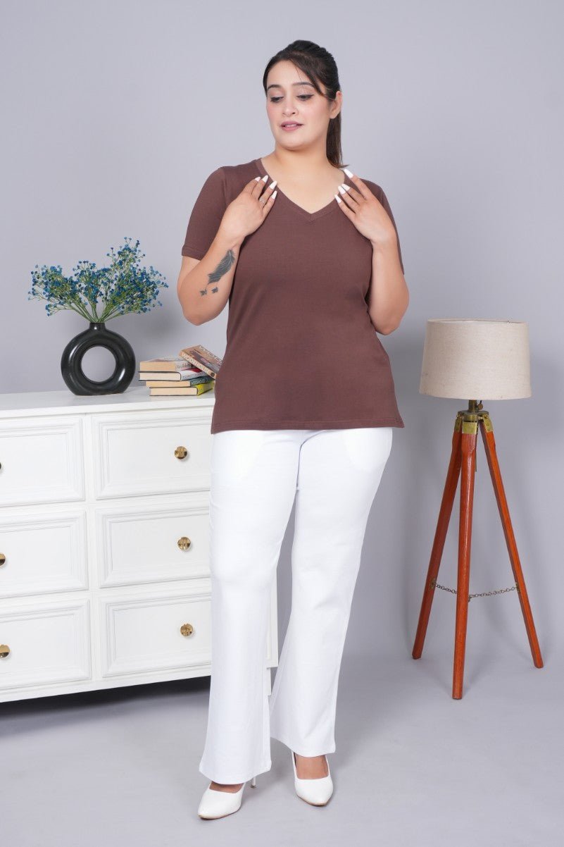Coffee bean v neck cotton t-shirt with pockets - Long cotton v neck t-shirt
