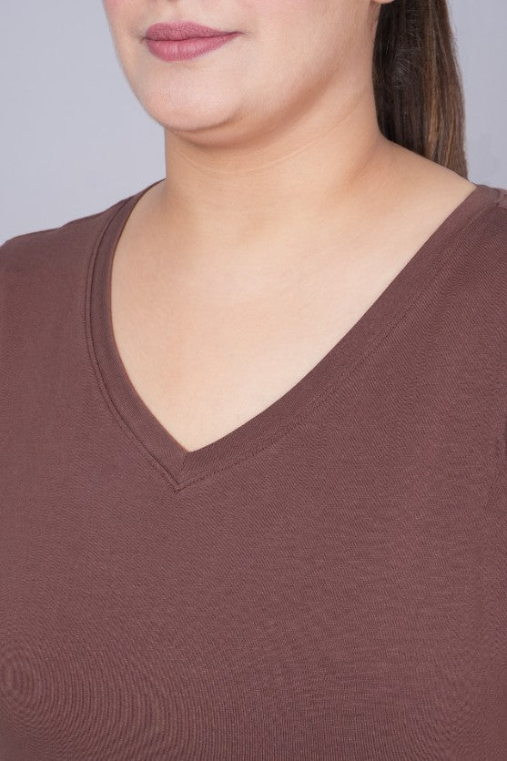 Coffee bean v neck cotton t-shirt with pockets - Long cotton v neck t-shirt