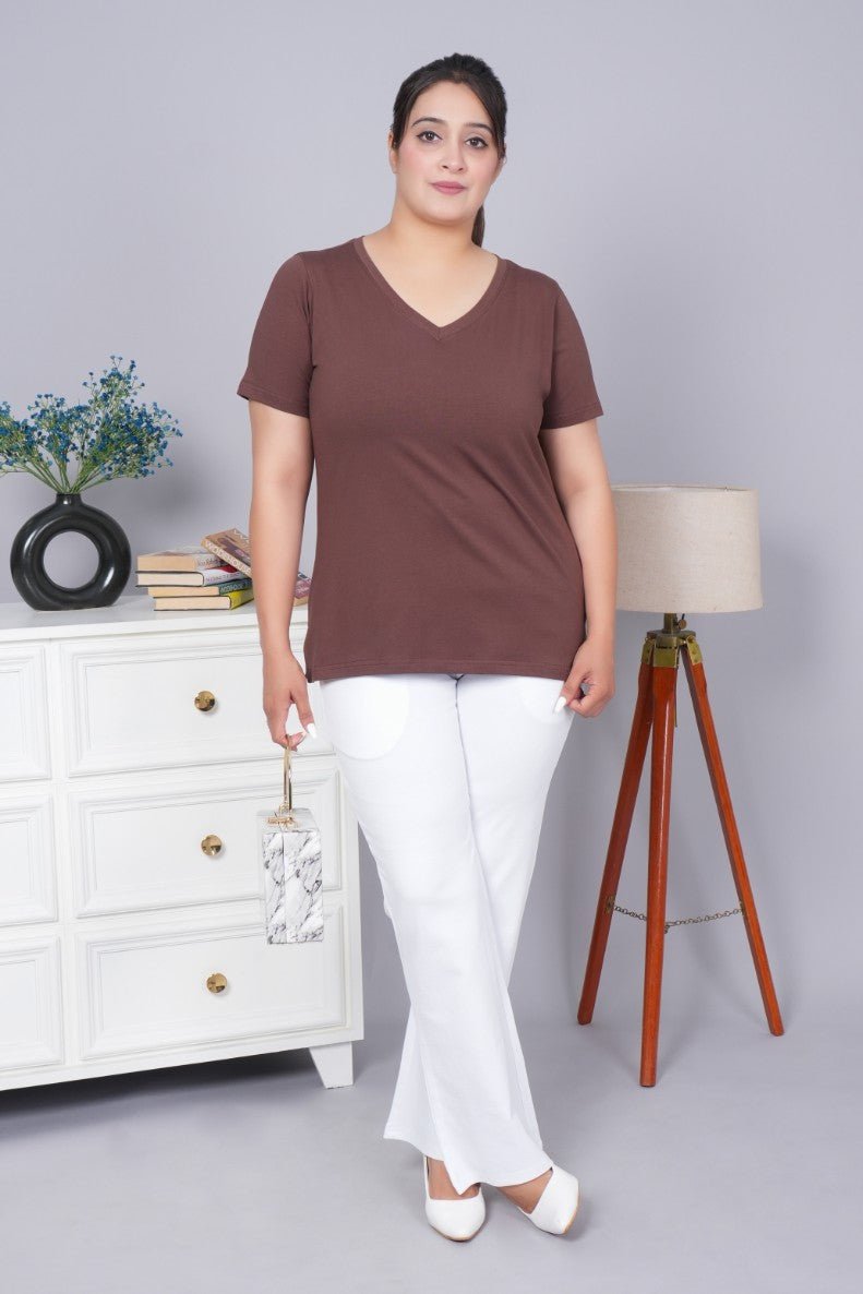 Coffee bean v neck cotton t-shirt with pockets - Long cotton v neck t-shirt
