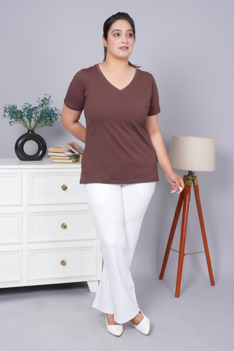 Coffee bean v neck cotton t-shirt with pockets - Long cotton v neck t-shirt