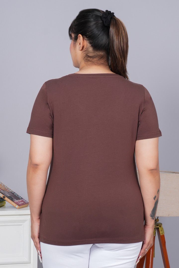 Coffee bean v neck cotton t-shirt with pockets - Long cotton v neck t-shirt