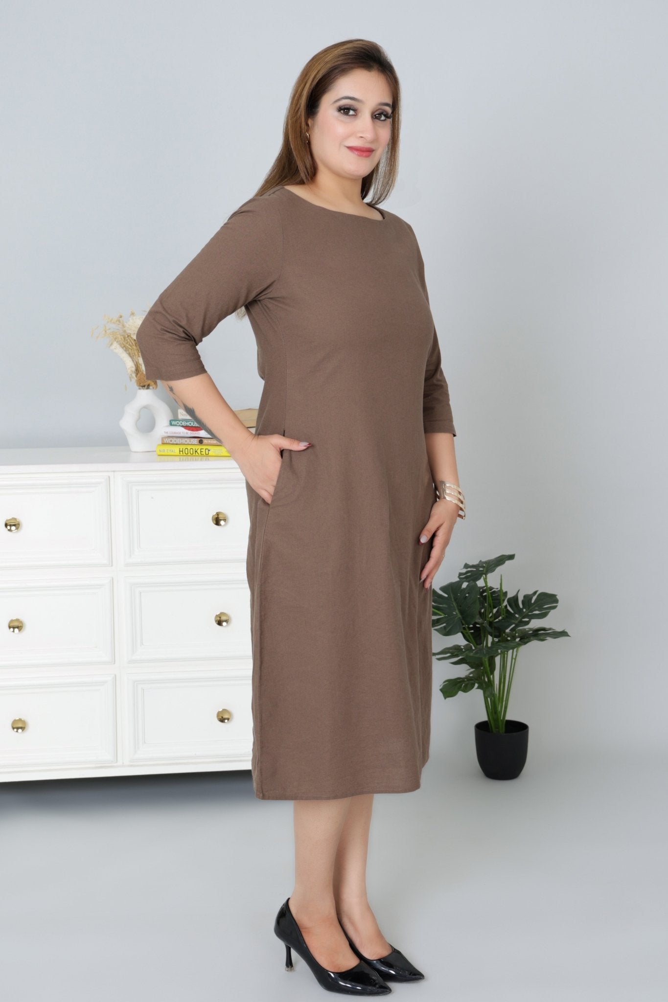 Coffee cotton full sleeve midi dress with pocket [100% pure cotton] - Cotton pocket midi dress