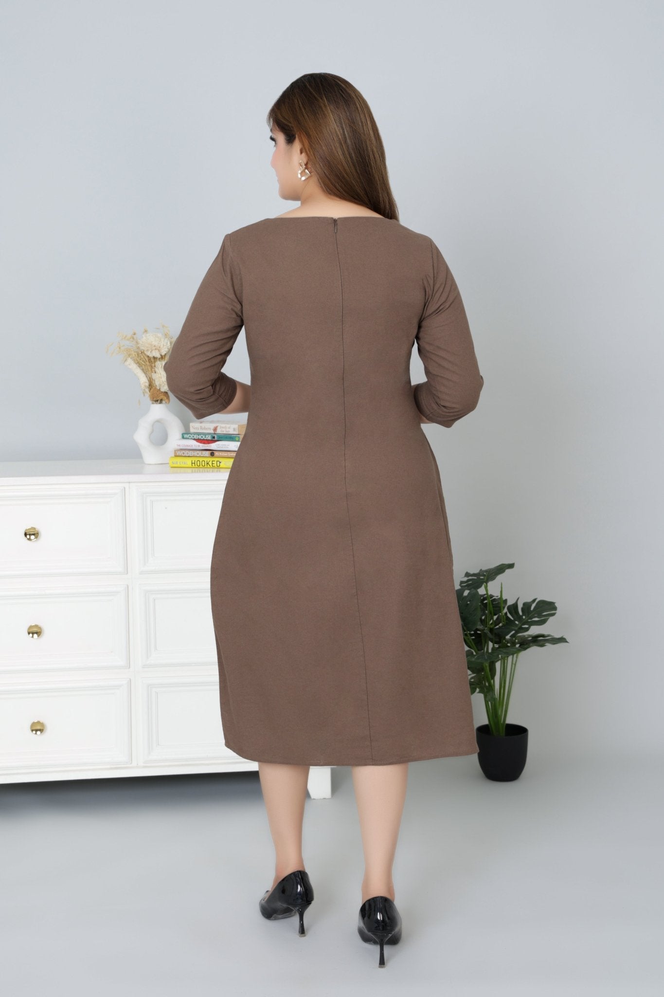 Coffee cotton full sleeve midi dress with pocket [100% pure cotton] - Cotton pocket midi dress