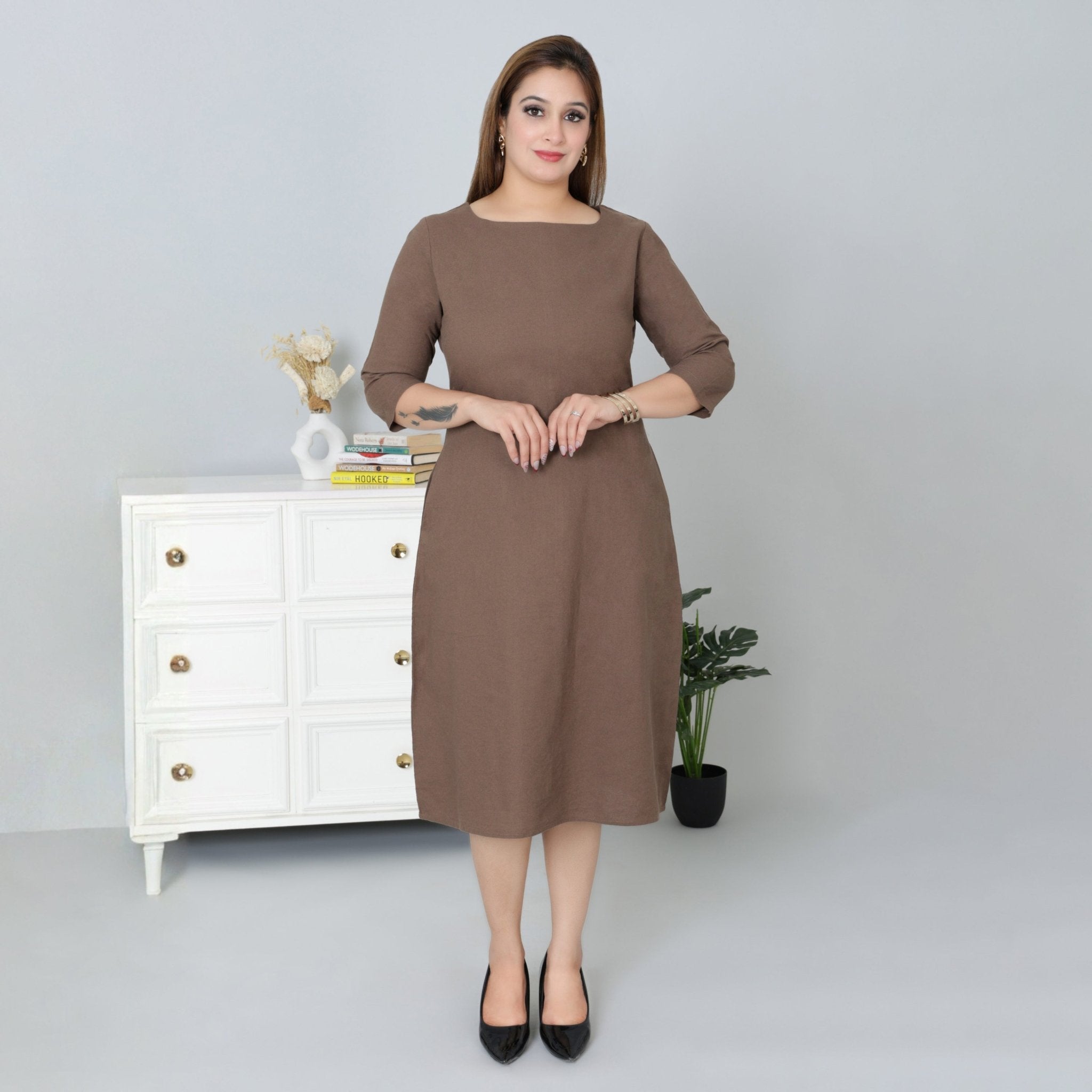 Coffee cotton full sleeve midi dress with pocket [100% pure cotton] - Cotton pocket midi dress