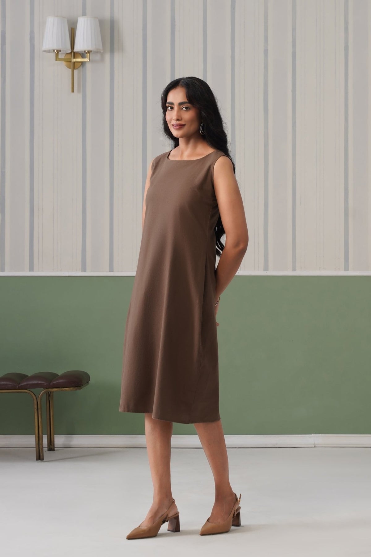 Coffee cotton midi dress [100% pure cotton] -Cotton midi dress