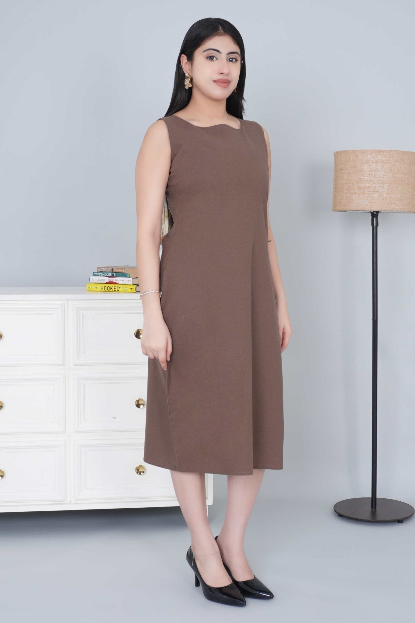 Coffee cotton midi dress [100% pure cotton] - Cotton midi dress