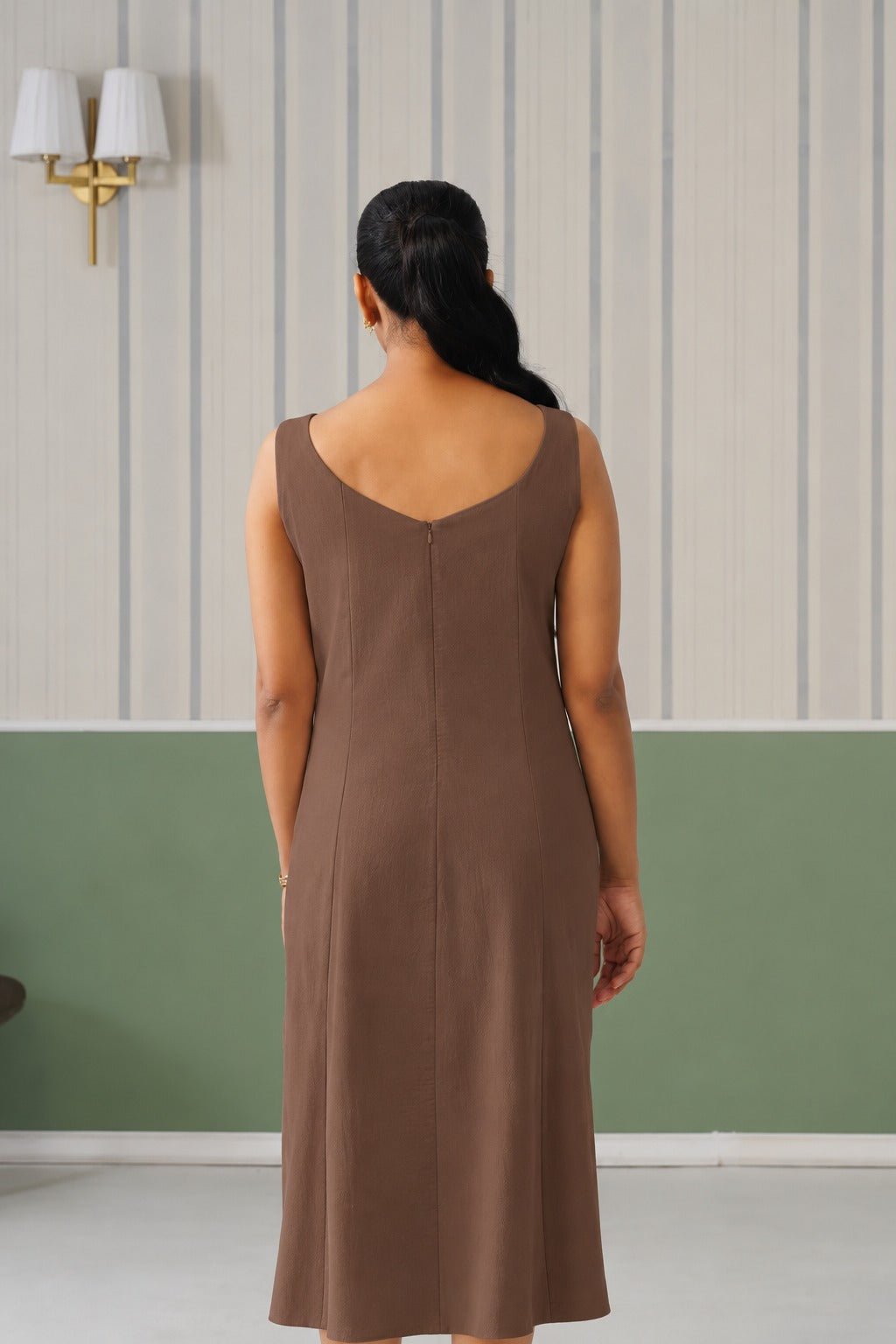 Coffee cotton midi dress with pocket [100% pure cotton] -Cotton pocket midi dress