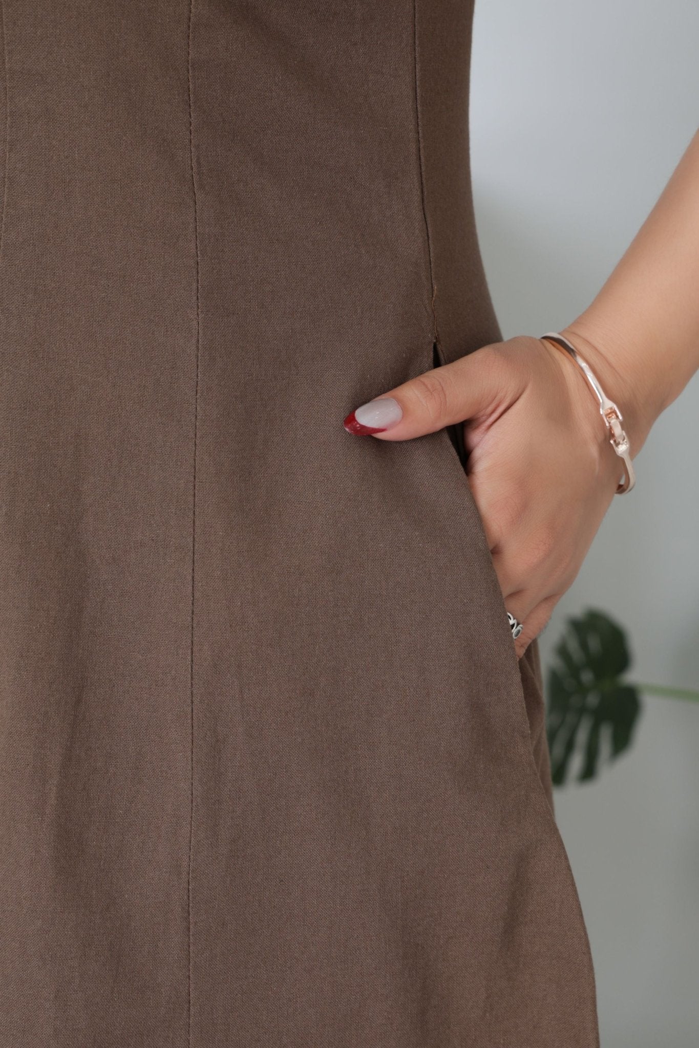Coffee cotton midi dress with pocket [100% pure cotton] - Cotton pocket midi dress