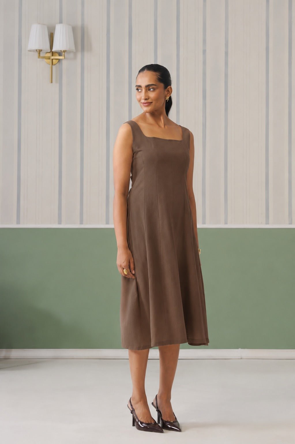 Coffee cotton midi dress with pocket [100% pure cotton] -Cotton pocket midi dress