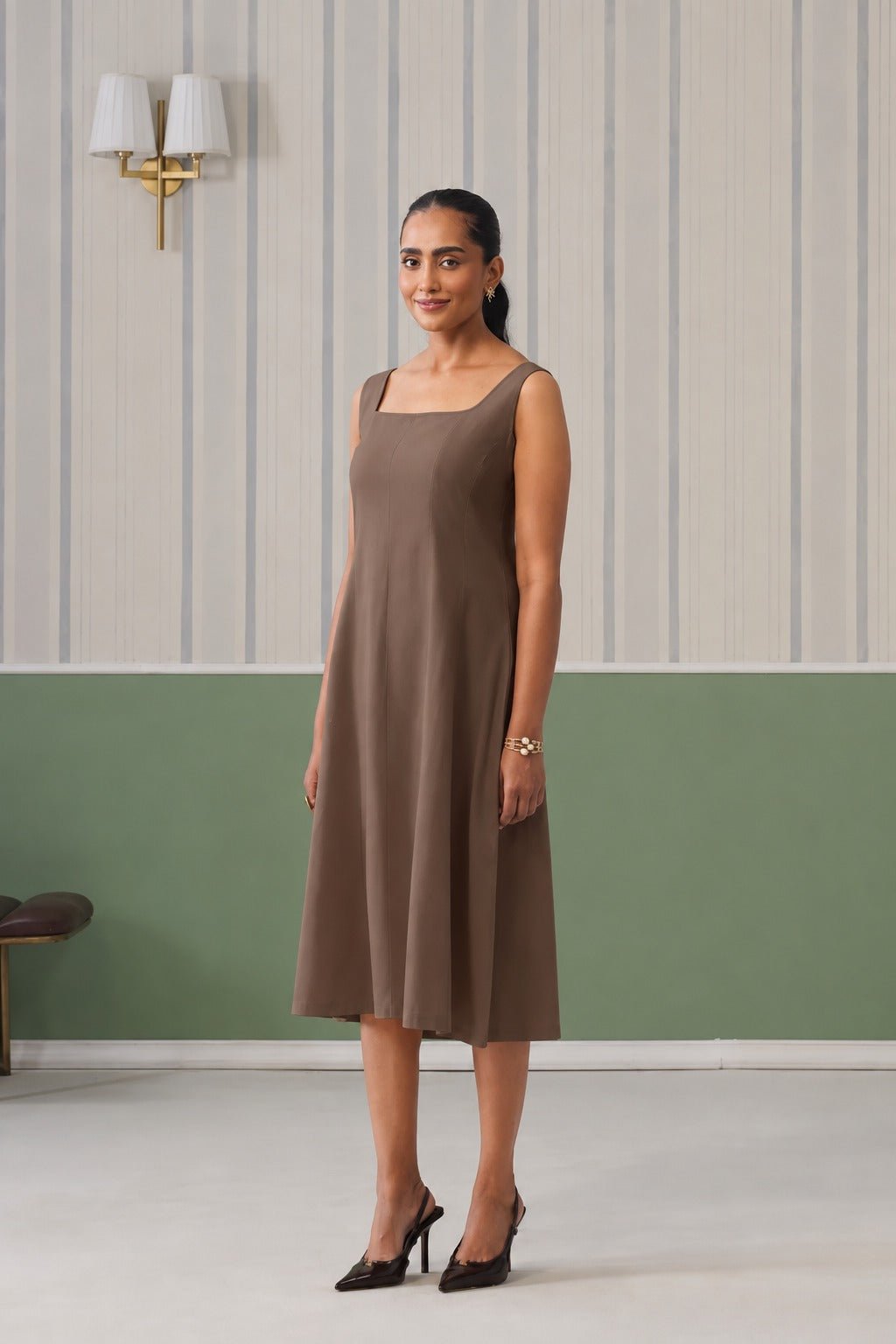 Coffee cotton midi dress with pocket [100% pure cotton] -Cotton pocket midi dress