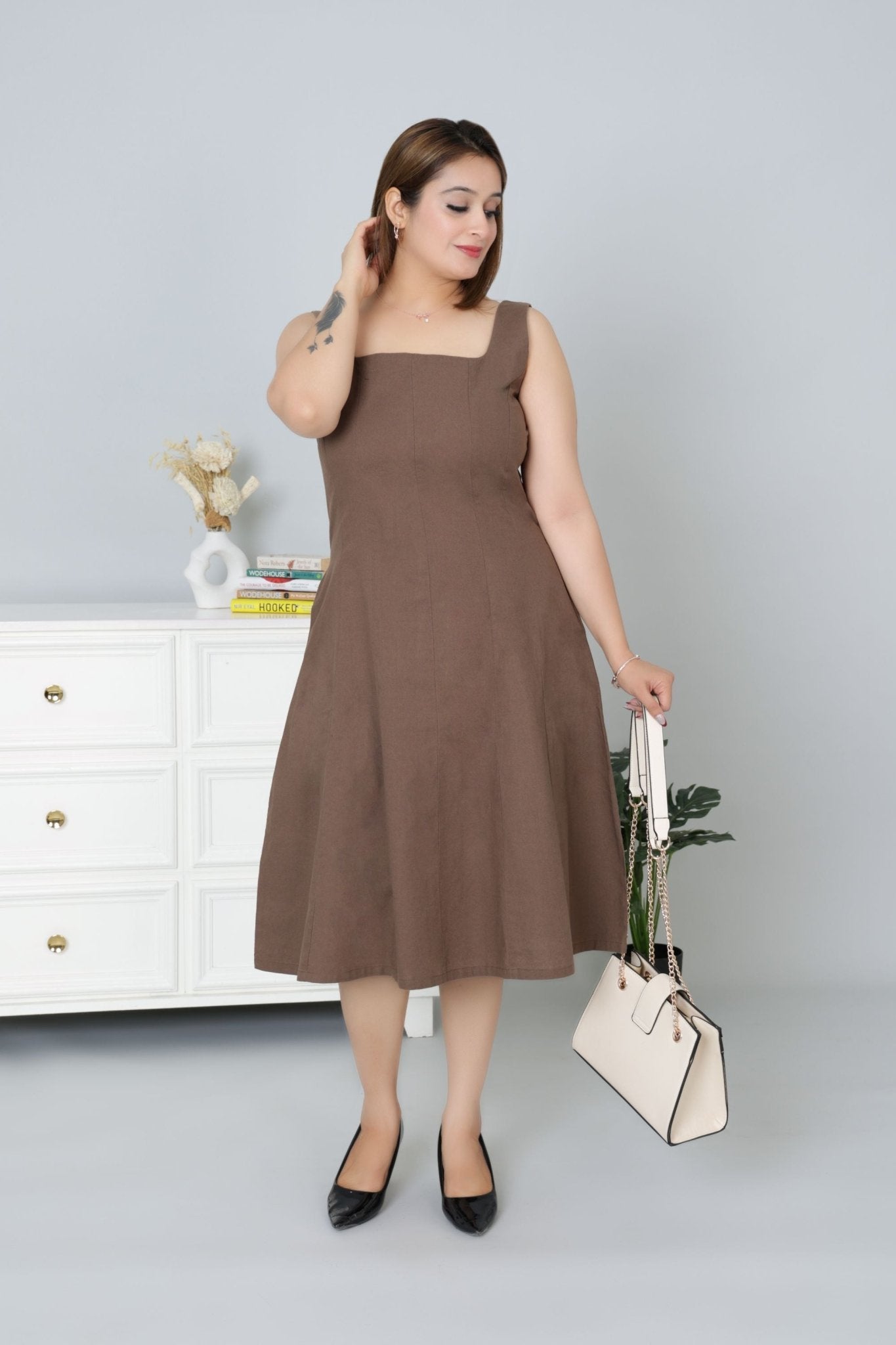 Coffee cotton midi dress with pocket [100% pure cotton] - Cotton pocket midi dress