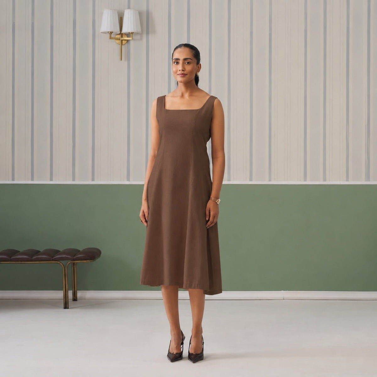 Coffee cotton midi dress with pocket [100% pure cotton] -Cotton pocket midi dress