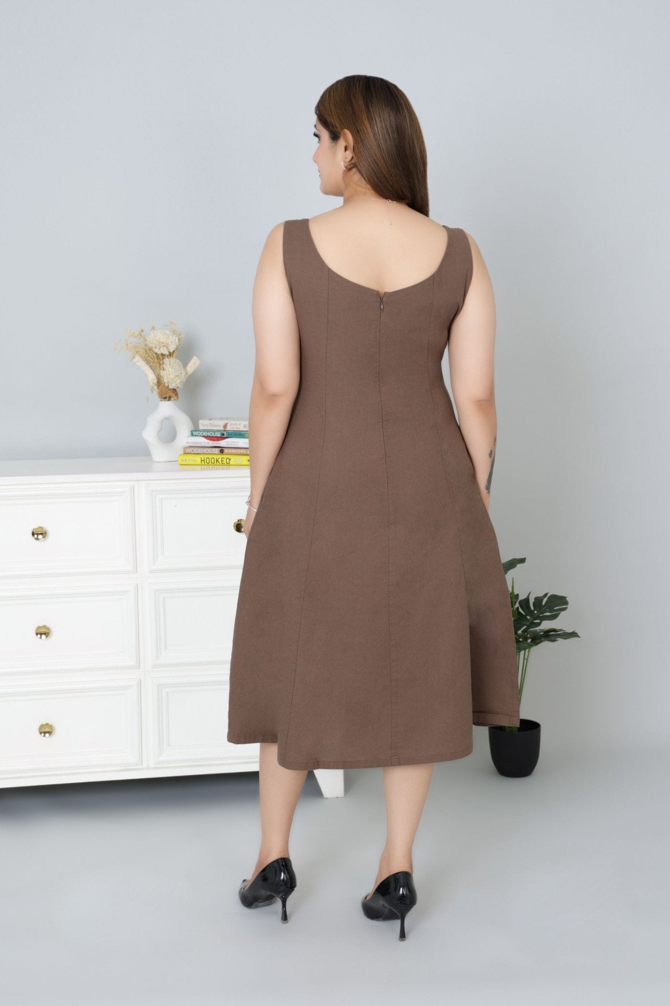 Coffee cotton midi dress with pocket [100% pure cotton] - Cotton pocket midi dress