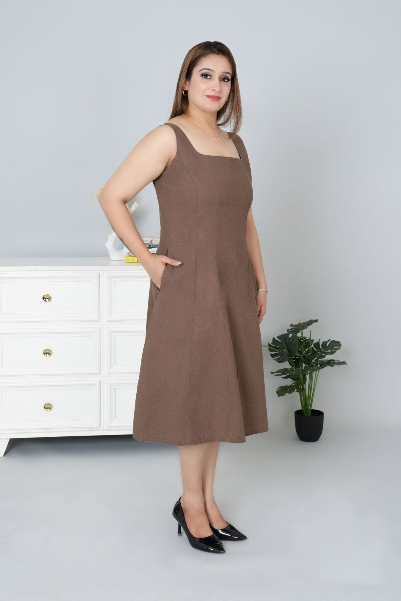 Coffee cotton midi dress with pocket [100% pure cotton] - Cotton pocket midi dress