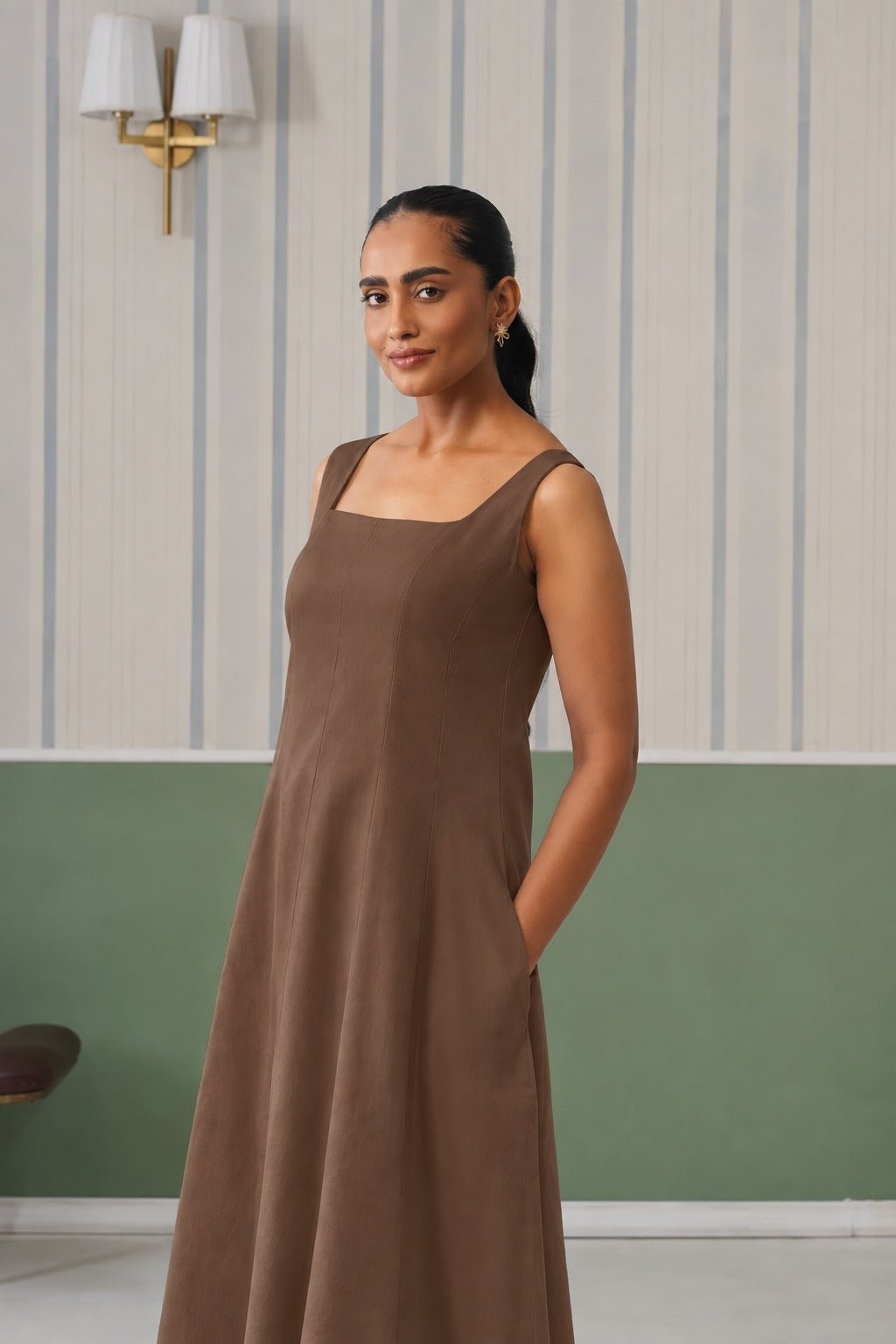 Coffee cotton midi dress with pocket [100% pure cotton] -Cotton pocket midi dress