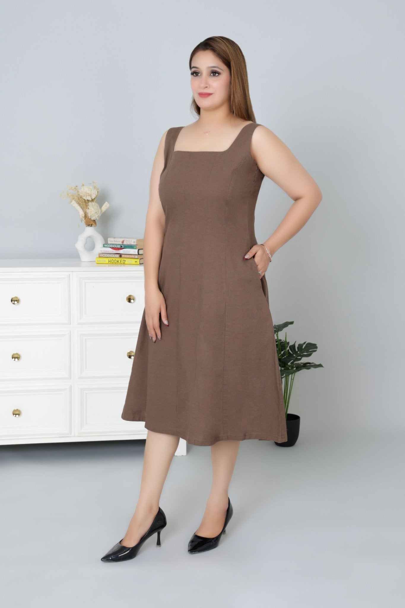 Coffee cotton midi dress with pocket [100% pure cotton] - Cotton pocket midi dress