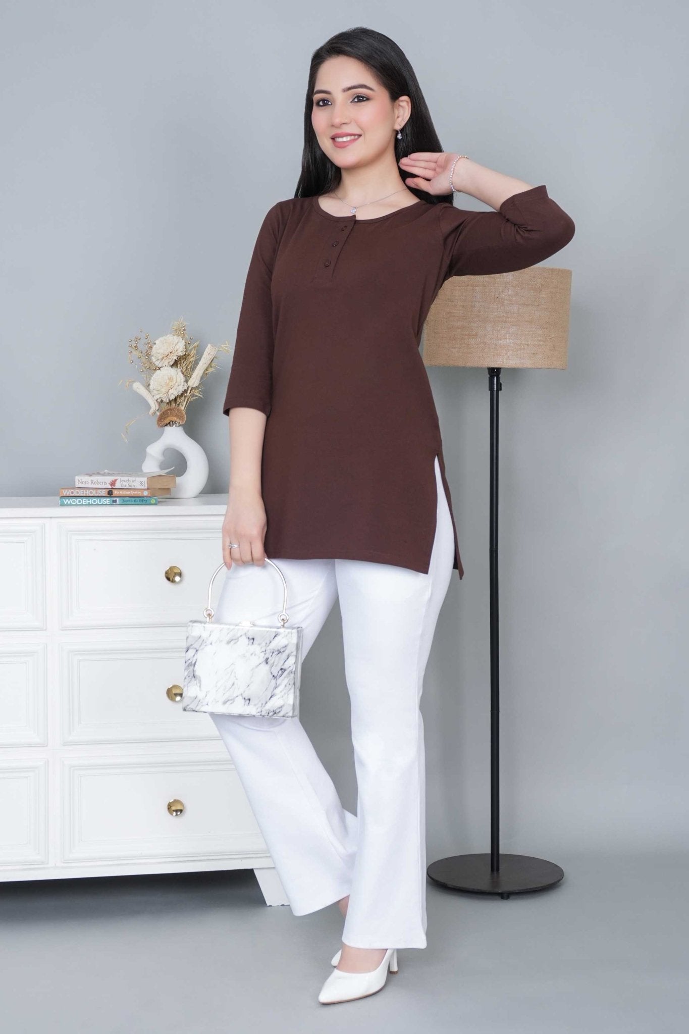 Coffee long round neck henley cotton lycra t-shirt with pockets - Long cotton t-shirt