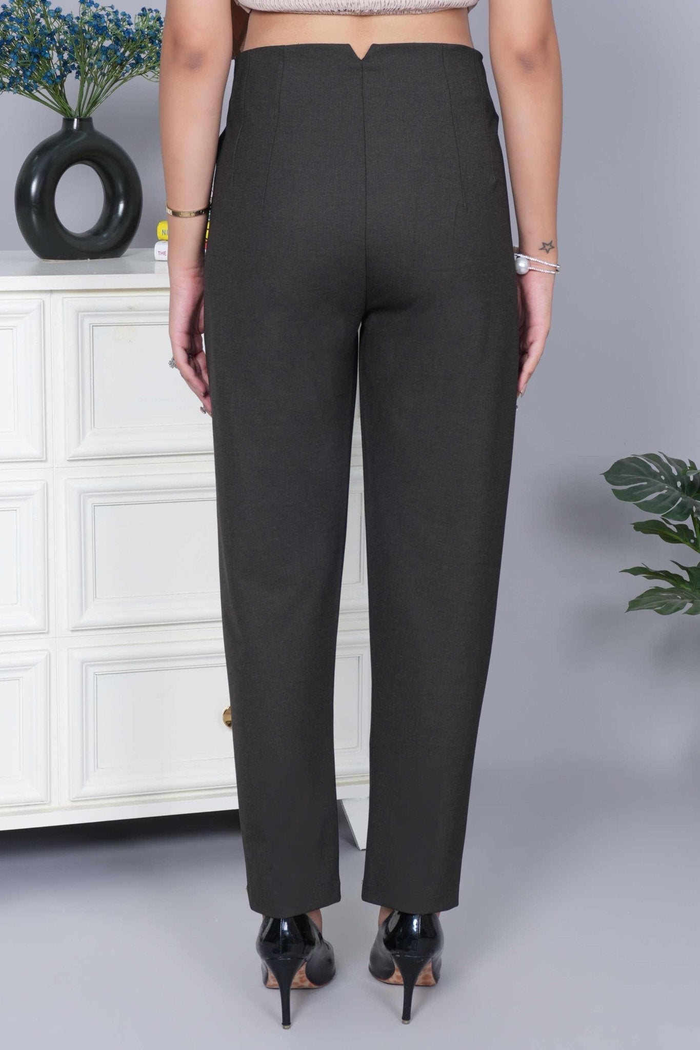 Coffee melange high waist pleated pant with spandex [Straight fit] - High waist pleated pant