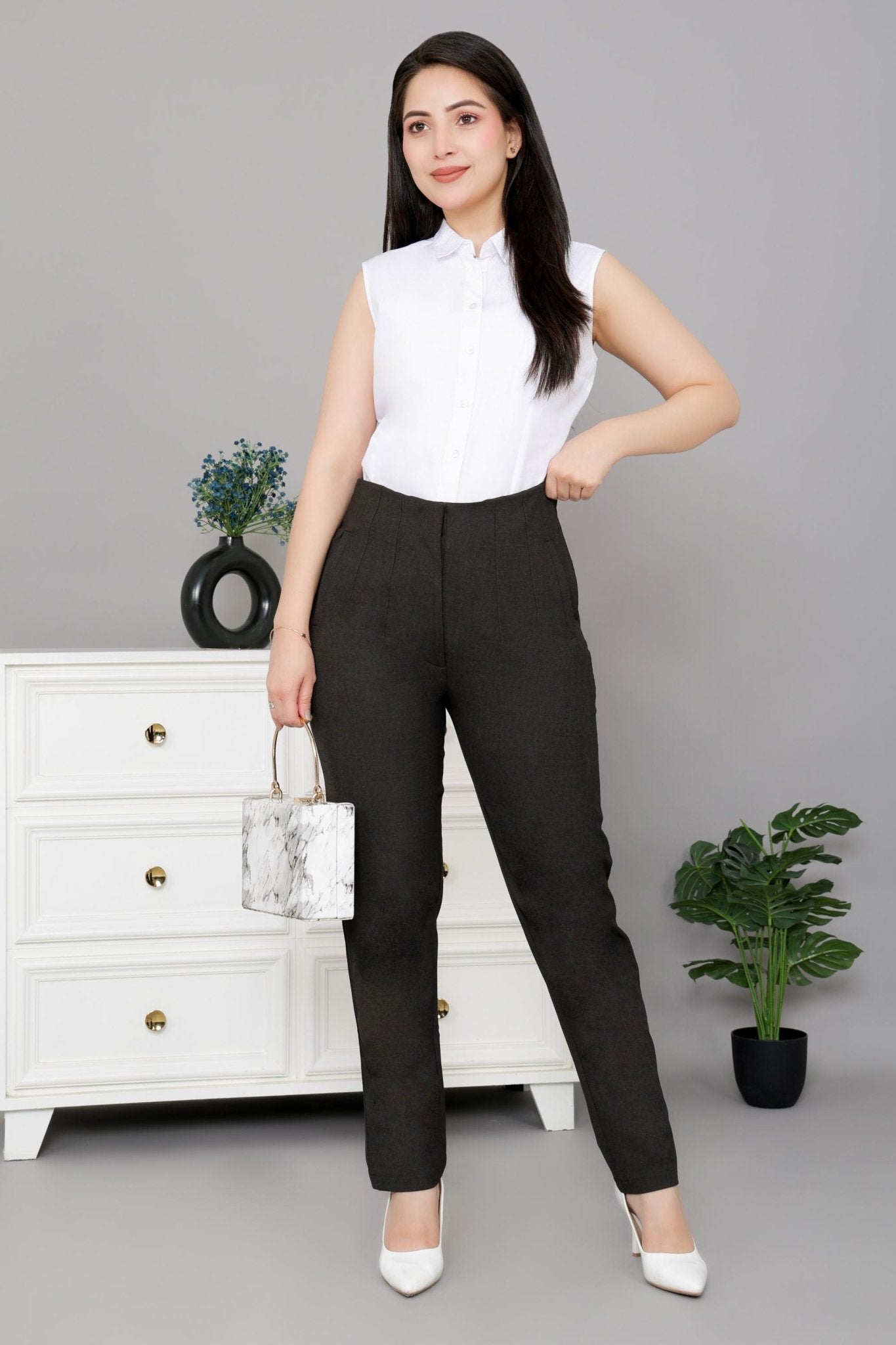 Coffee melange high waist pleated pant with spandex [Straight fit] -High waist pleated pant