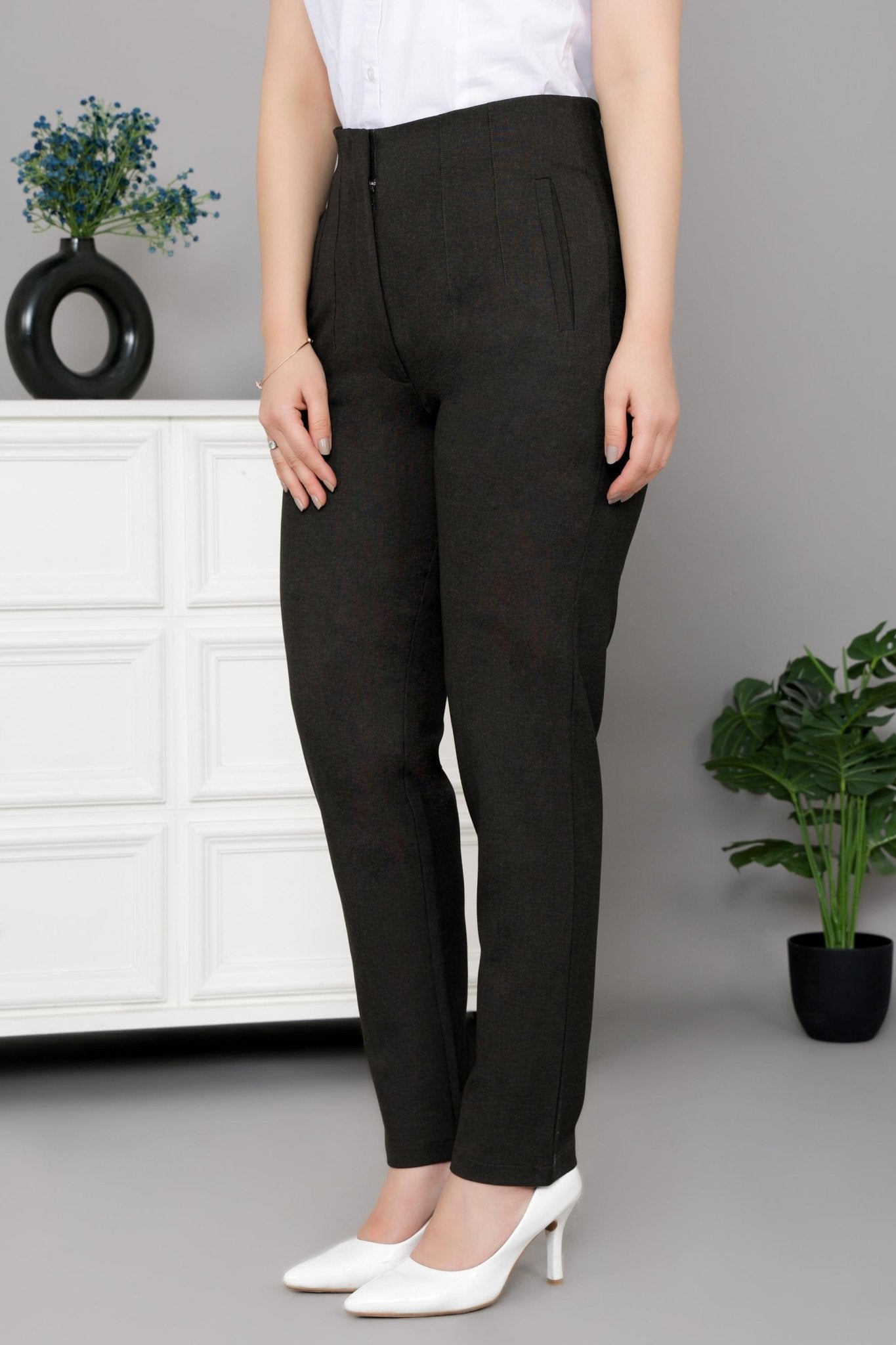 Coffee melange high waist pleated pant with spandex [Straight fit] -High waist pleated pant