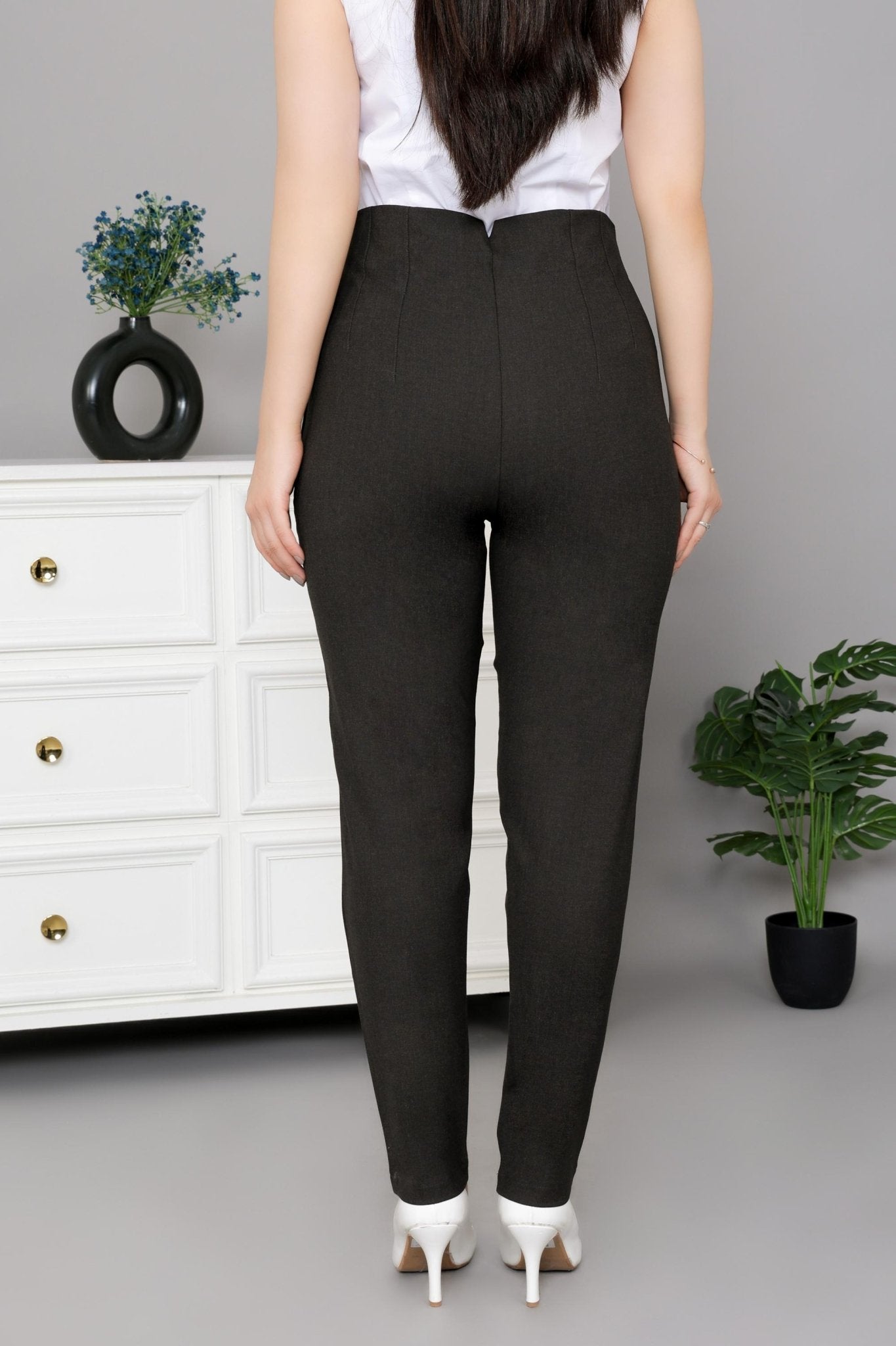 Coffee melange high waist pleated pant with spandex [Straight fit] -High waist pleated pant