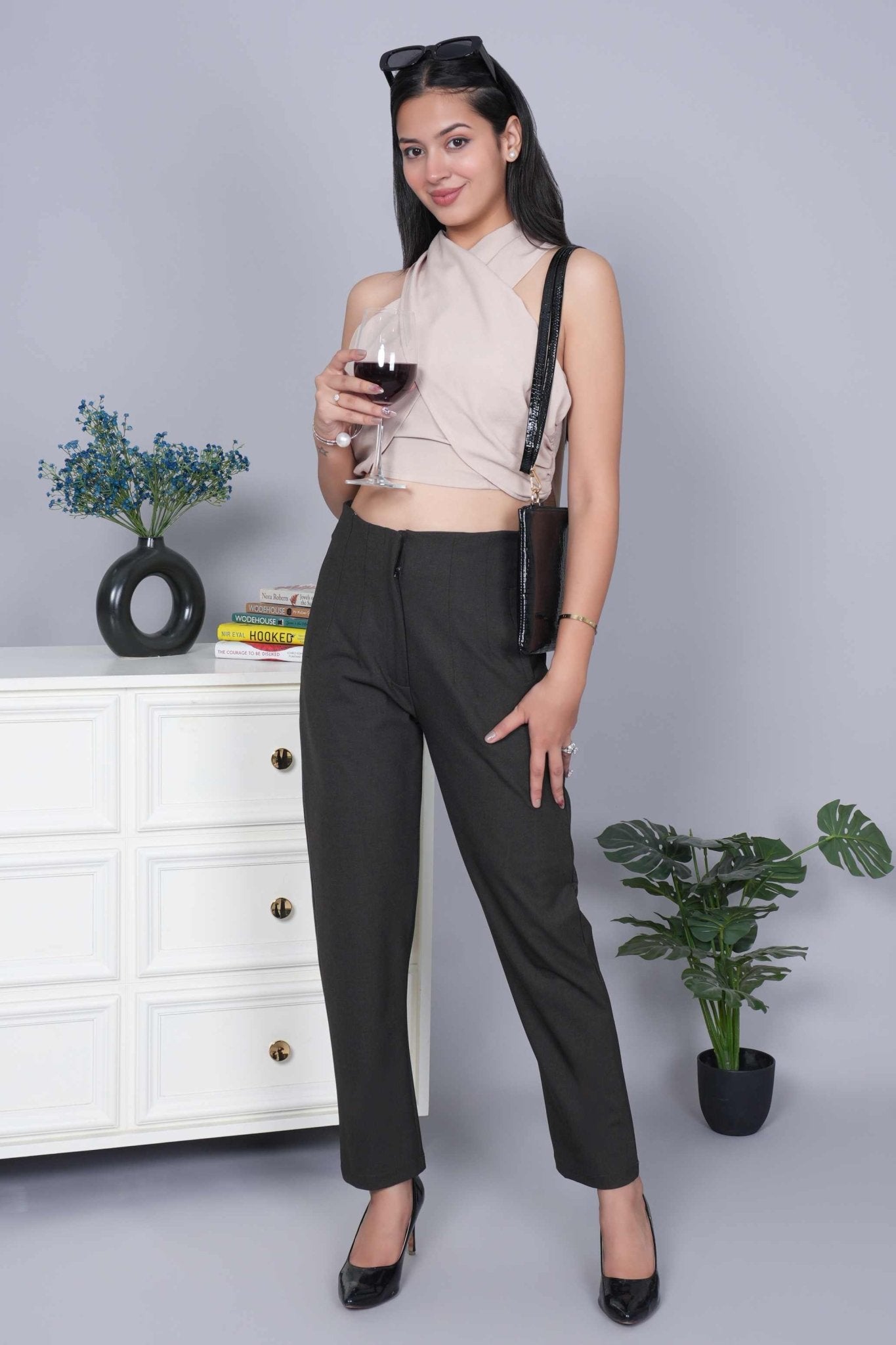 Coffee melange high waist pleated pant with spandex [Straight fit] - High waist pleated pant