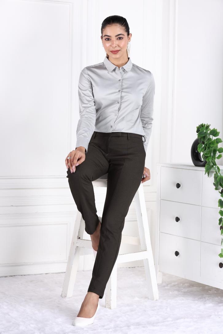 Coffee melange woven formal pants with spandex [Straight fit] - Woven formal pants